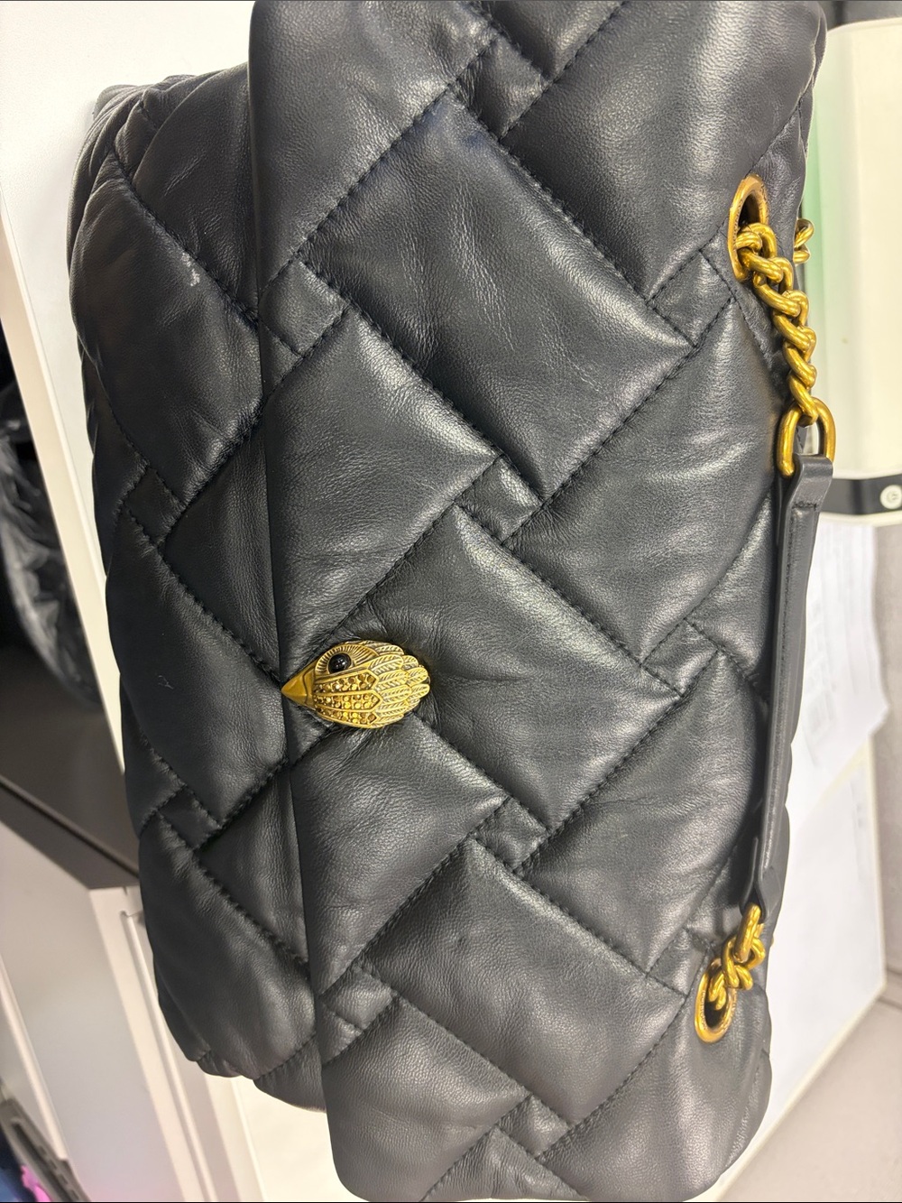 Kurt Geiger Black Quilted Shoulder Bag with Gold Hardware and Signature Clasp